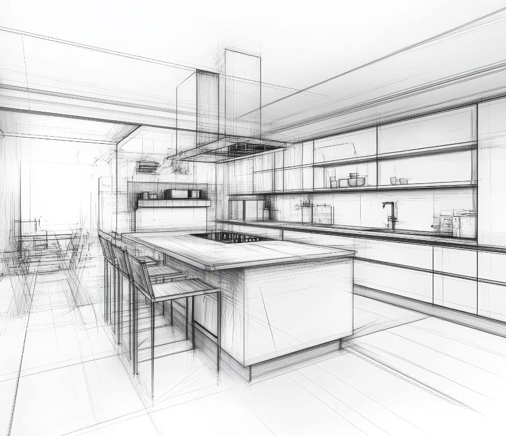 Sketch of a modern kitchen design with a kitchen island and cabinets.
